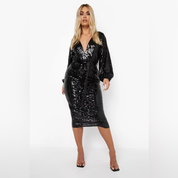 Plus Sequin Ruched Belted Midi Dress - Picture 3 of 5